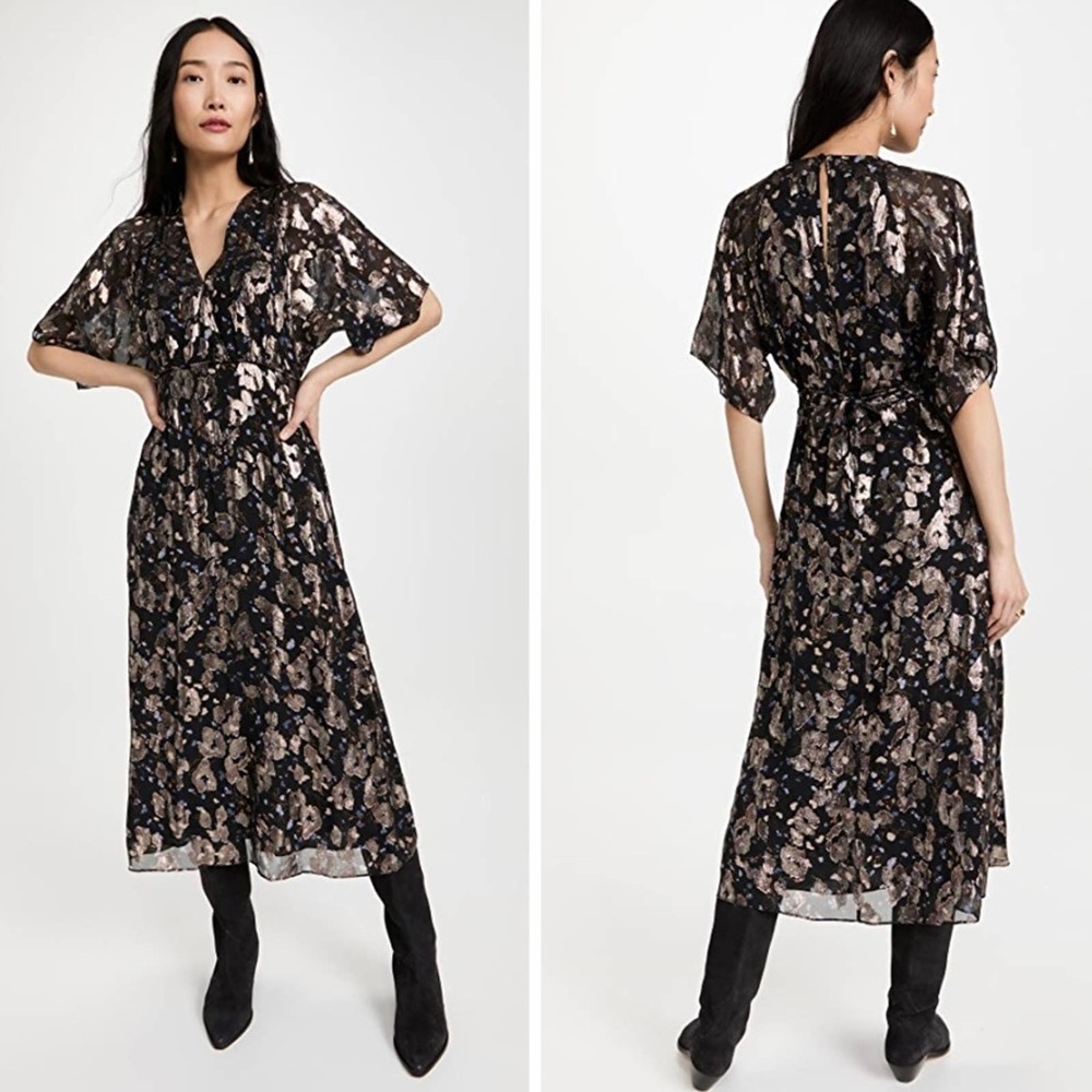 ba&sh Silk Print Midi Dress - Metallic Floral Leopard Print